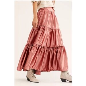 Free People Moonbeam Metallic Tiered Satin Ruffle Maxi Skirt Size XS/S